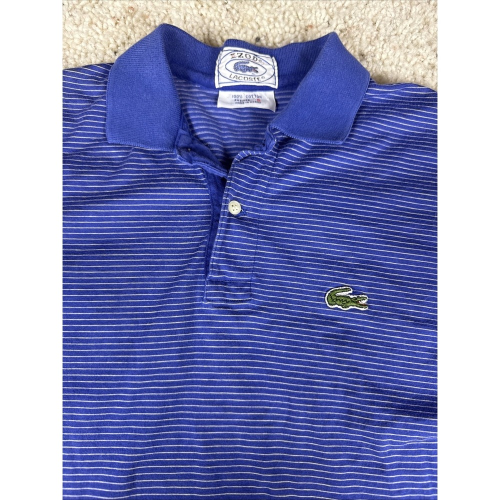 Vintage IZOD Lacoste Polo Shirt Blue Striped Single Stitch Made Korea Cotton S